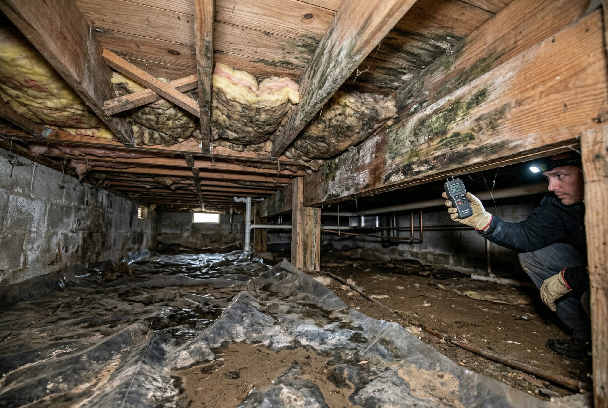 Inspector taking a moisture reading on mold-covered joists and insulation inside a crawl space