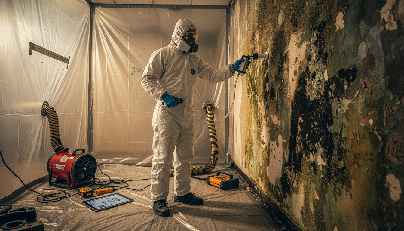 Technician in protective suit performing mold remediation inside a sealed containment area in a Lexington home